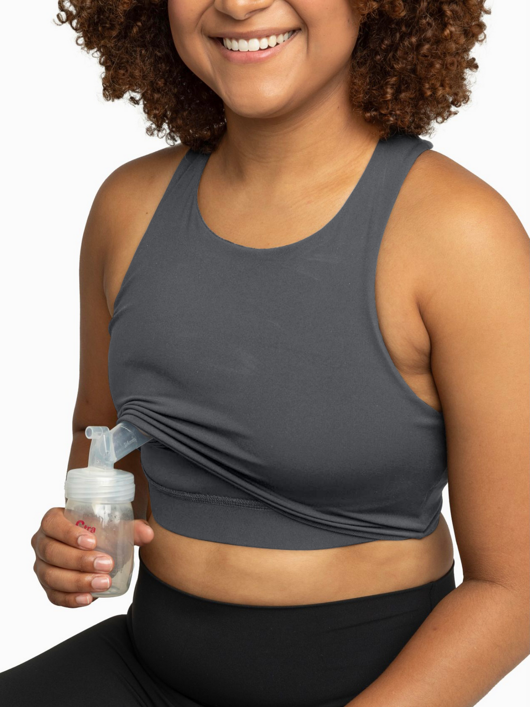 Charcoal high impact nursing and hands-free pumping sports bra without clips