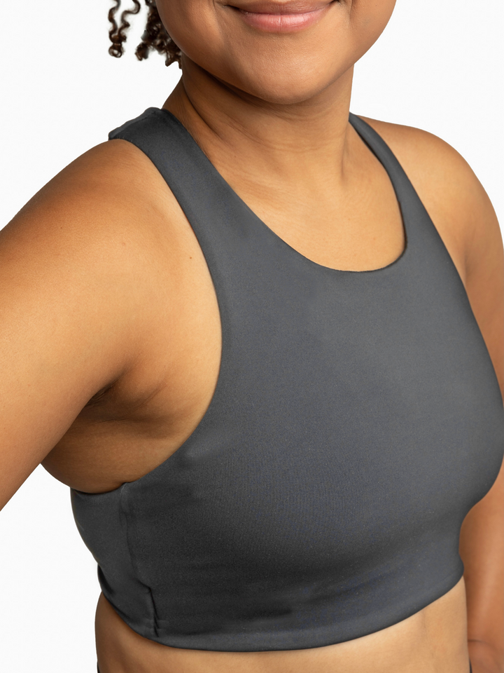 Charcoal high impact nursing and hands-free pumping sports bra with wide straps